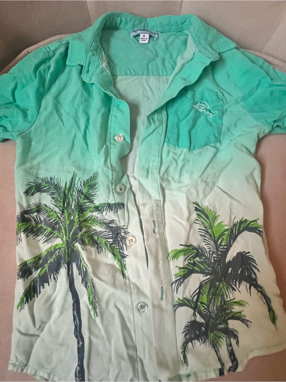 Palm Print Button-Up Shirt in Mint Green